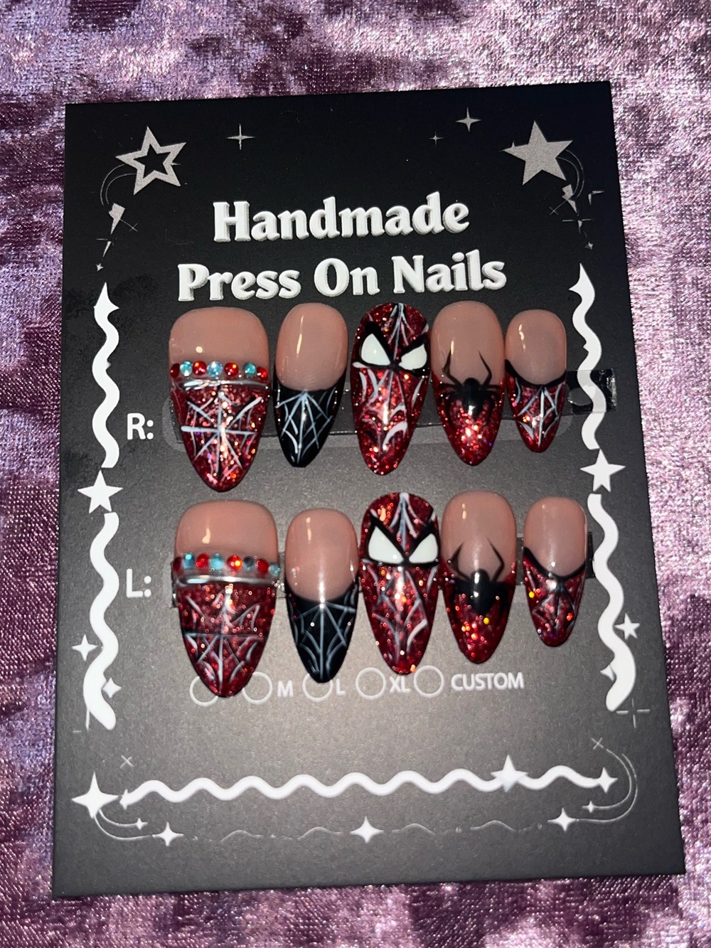 Handmade Press On Nails - Red & Black Geometric Accent